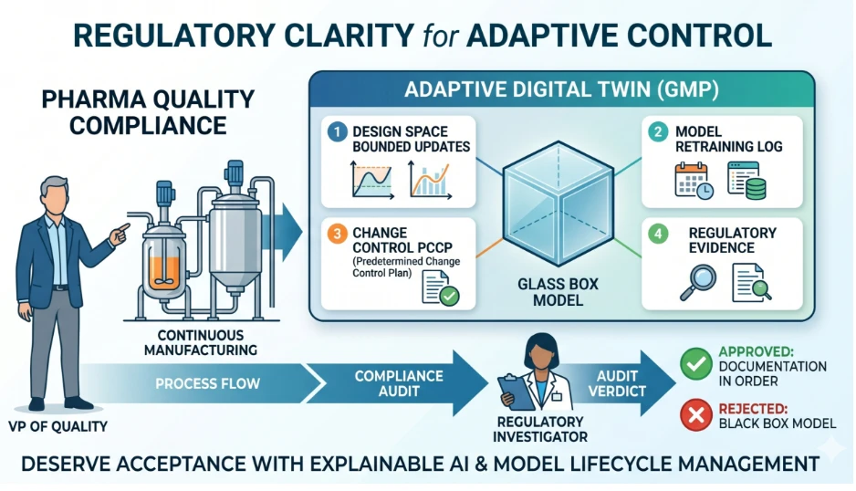 Regulatory clarity for adaptive control: a continuous manufacturing line feeds an adaptive digital twin built as a glass box model, with design-space bounded updates, a model retraining log, change control under a PCCP and regulatory evidence. A compliance audit by a regulatory investigator ends in approval when the documentation is in order and rejection for a black box model.